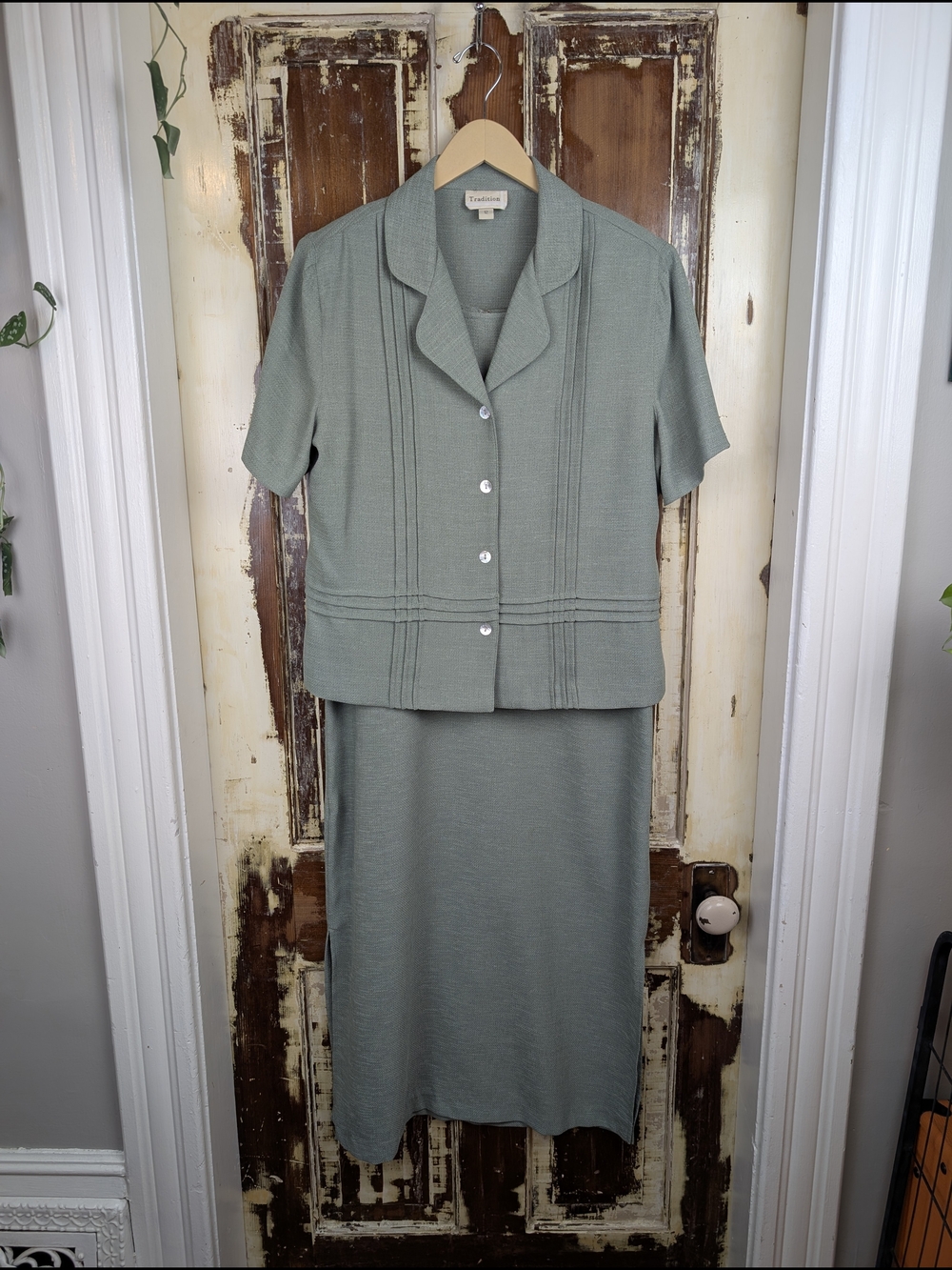 Vintage 90s Tradition 2 Piece Sage Green Sheath Dress Set Wedding Garden Party
